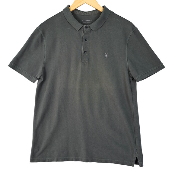 All Saints Form Short Sleeve Polo Shirt Mens Size Large Gray Ramskull Logo - Picture 1 of 8